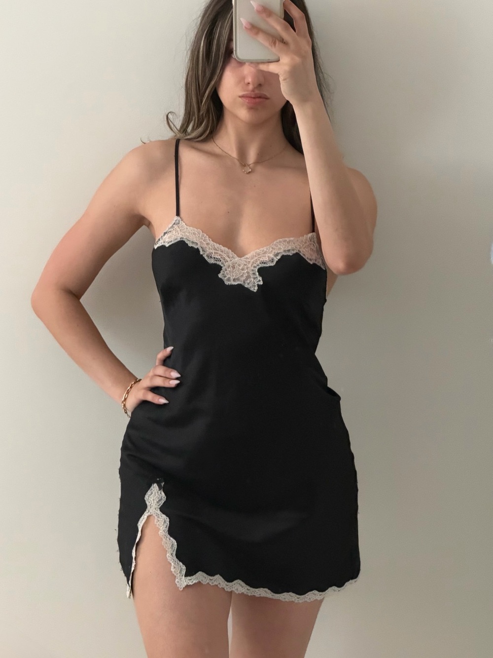 Victoria secret Elegant Black Satin Nightgown with Lace Trim coquette glam S